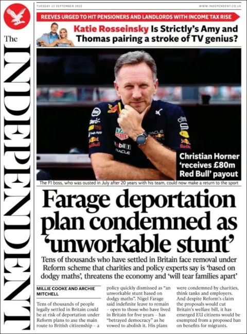 Portada de The Independent del martes, 23 de septiembre de 2025