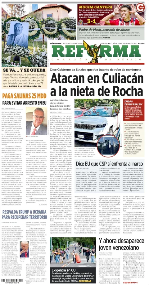 Portada de Reforma del miércoles, 24 de septiembre de 2025