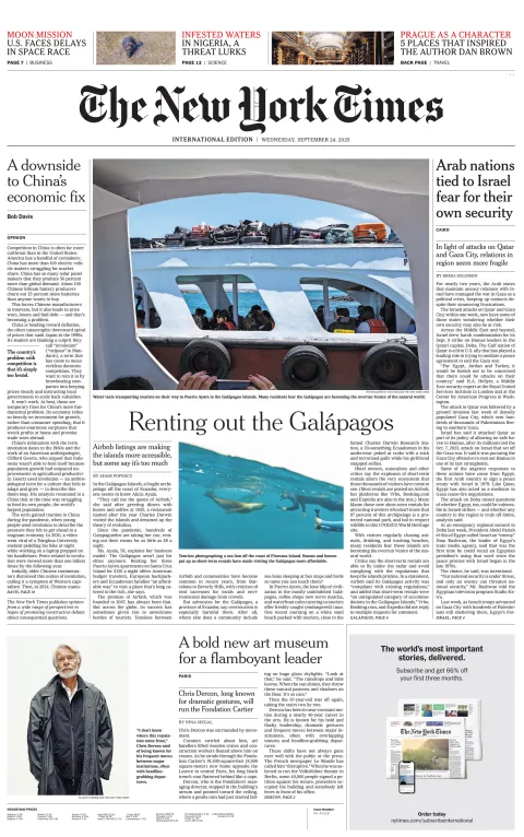 Portada de The New York Times (international) del miércoles, 24 de septiembre de 2025