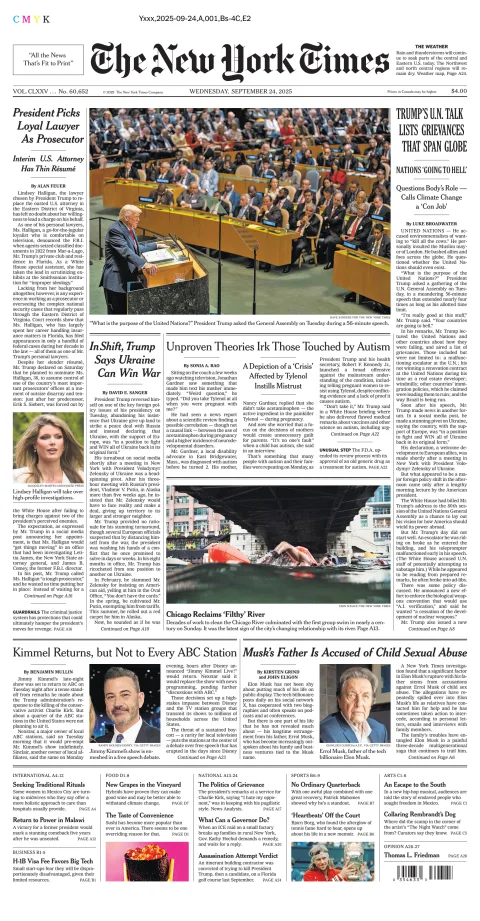 Portada de The New York Times (national) del miércoles, 24 de septiembre de 2025