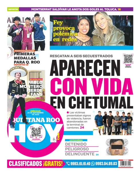 Portada de Quintana Roo Hoy (contraportada) del miércoles, 24 de septiembre de 2025