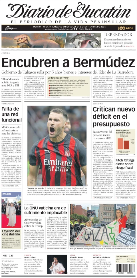 Portada de Diario de Yucatán del miércoles, 24 de septiembre de 2025