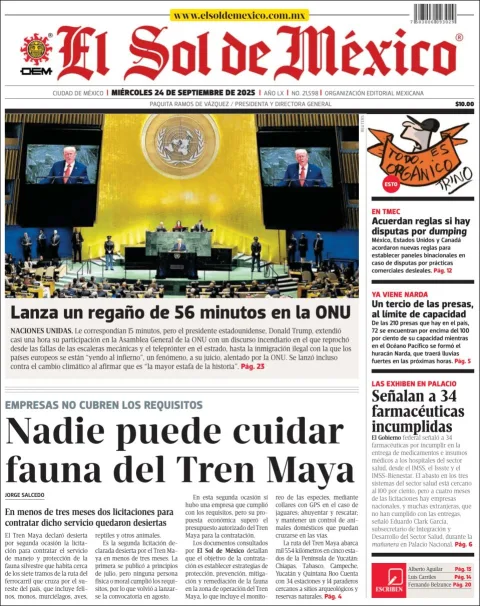 Portada de El Sol de Mexico del miércoles, 24 de septiembre de 2025