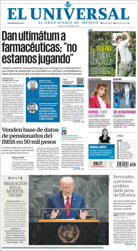 Portada de El Universal del miércoles, 24 de septiembre de 2025