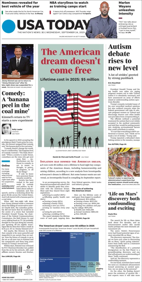 Portada de Usa Today del miércoles, 24 de septiembre de 2025