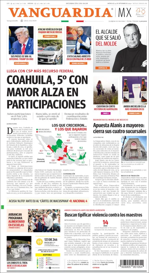 Portada de Vanguardia del miércoles, 24 de septiembre de 2025