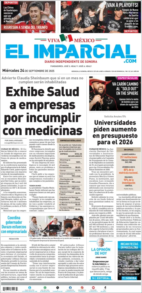 Portada de El Imparcial del miércoles, 24 de septiembre de 2025