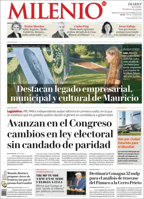 Portada de Milenio del miércoles, 24 de septiembre de 2025