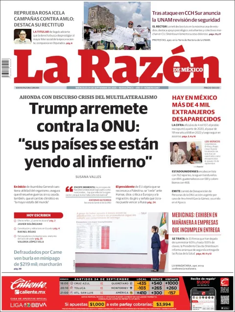 Portada de La Razon del miércoles, 24 de septiembre de 2025