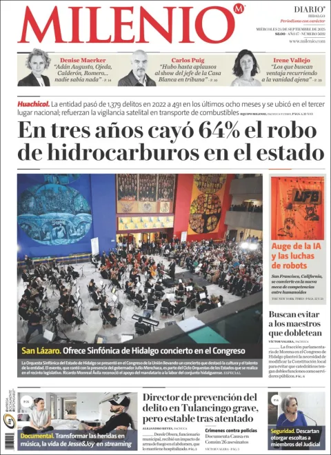 Portada de Milenio Hidalgo del jueves, 25 de septiembre de 2025