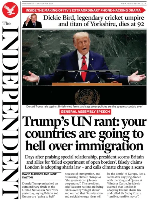 Portada de The Independent del miércoles, 24 de septiembre de 2025