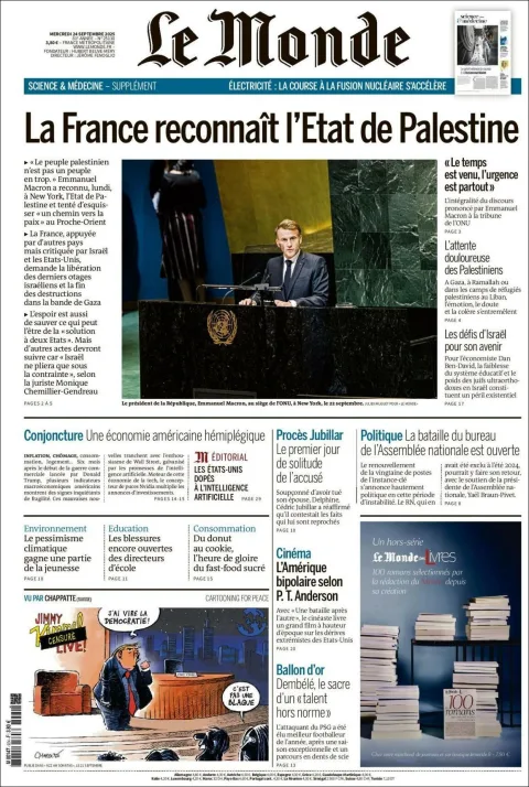 Portada de Le Monde del miércoles, 24 de septiembre de 2025