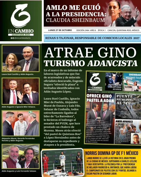 Portada de En Cambio - Quintana Roo (portada) del lunes, 27 de octubre de 2025