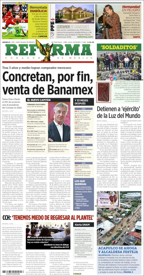 Portada de Reforma del jueves, 25 de septiembre de 2025