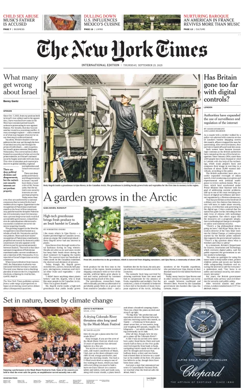 Portada de The New York Times (international) del jueves, 25 de septiembre de 2025