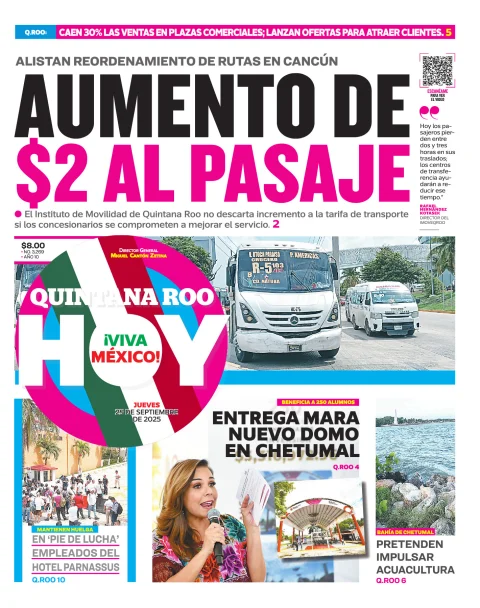 Portada de Quintana Roo Hoy (portada) del jueves, 25 de septiembre de 2025