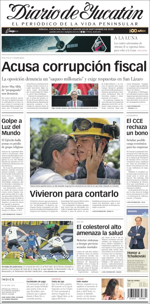 Portada de Diario de Yucatán del jueves, 25 de septiembre de 2025