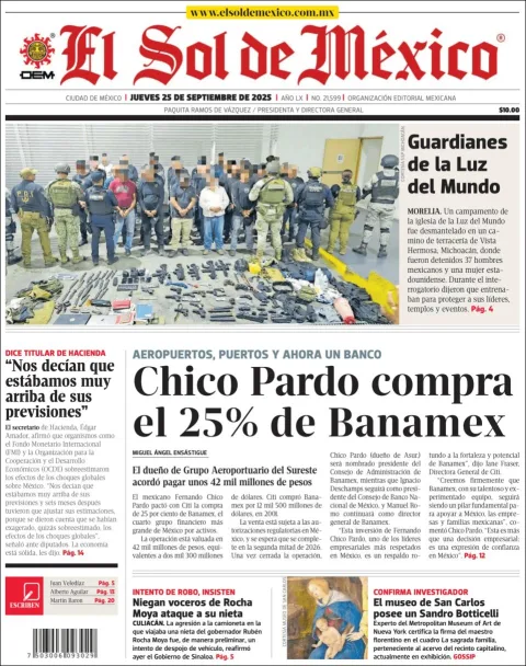 Portada de El Sol de Mexico del jueves, 25 de septiembre de 2025