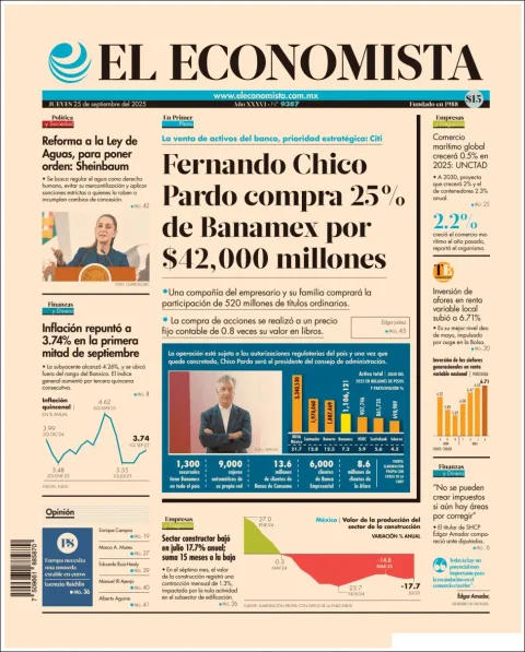 Portada de El Economista del jueves, 25 de septiembre de 2025