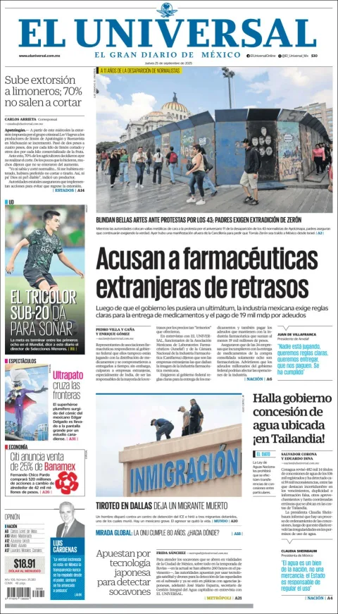 Portada de El Universal del jueves, 25 de septiembre de 2025