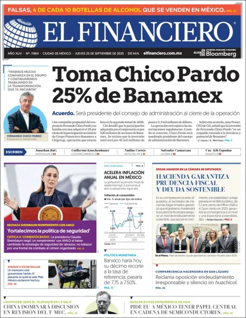 Portada de El Financiero del jueves, 25 de septiembre de 2025
