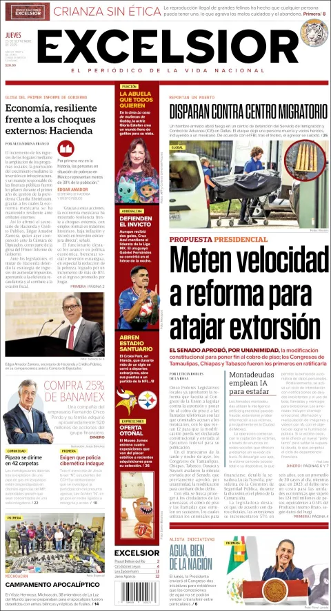 Portada de Excelsior del jueves, 25 de septiembre de 2025