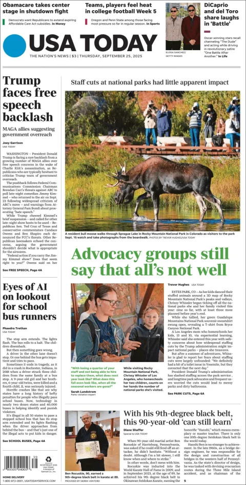 Portada de Usa Today del jueves, 25 de septiembre de 2025