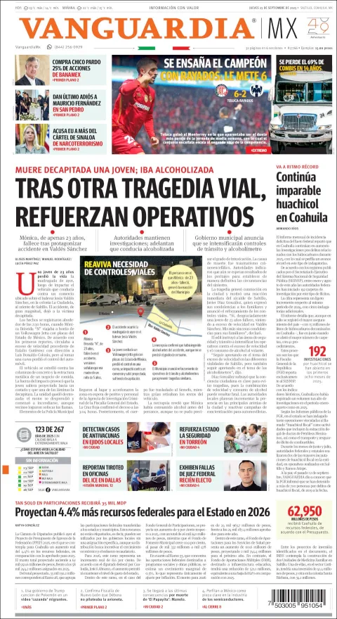 Portada de Vanguardia del jueves, 25 de septiembre de 2025