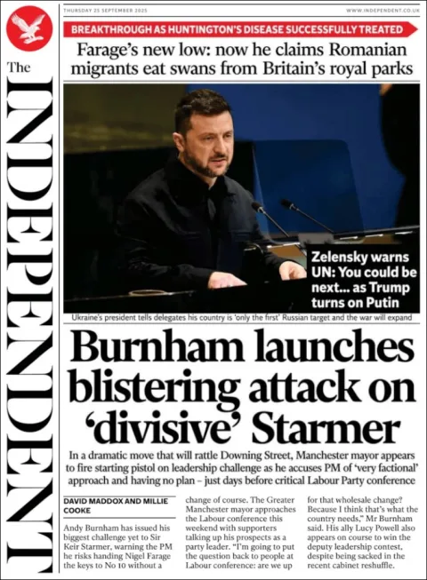 Portada de The Independent del jueves, 25 de septiembre de 2025