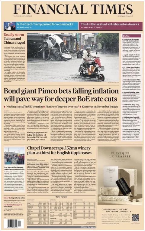 Portada de Financial Times del jueves, 25 de septiembre de 2025