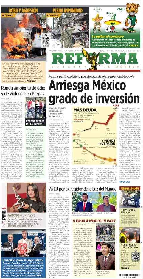 Portada de Reforma del viernes, 26 de septiembre de 2025