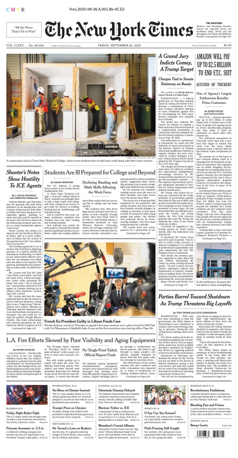 Portada de The New York Times (national) del viernes, 26 de septiembre de 2025