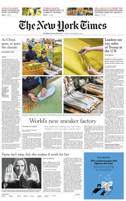 Portada de The New York Times (international) del viernes, 26 de septiembre de 2025