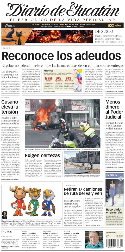 Portada de Diario de Yucatán del viernes, 26 de septiembre de 2025