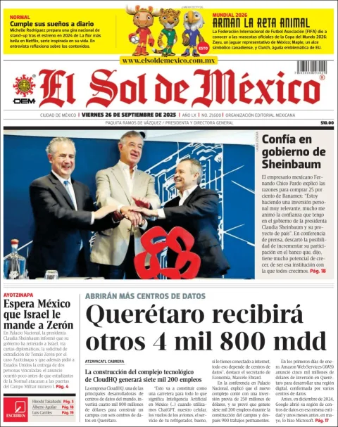 Portada de El Sol de Mexico del viernes, 26 de septiembre de 2025