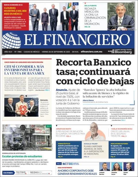 Portada de El Financiero del viernes, 26 de septiembre de 2025
