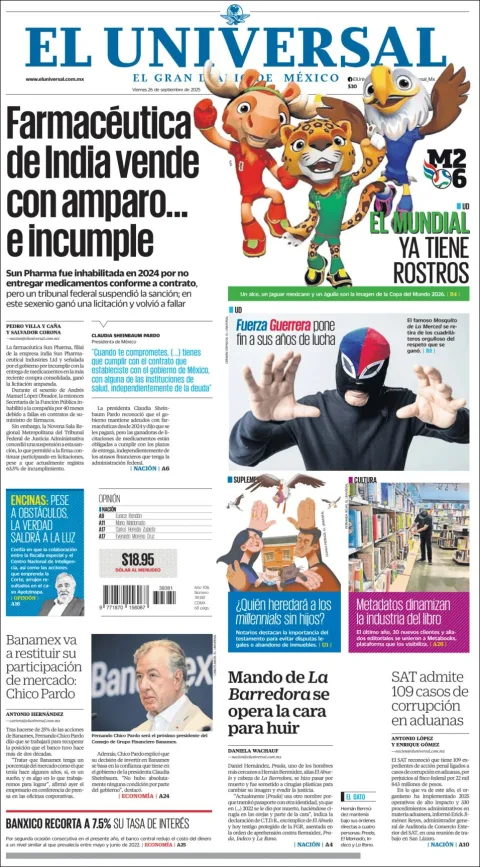 Portada de El Universal del viernes, 26 de septiembre de 2025