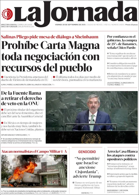 Portada de La Jornada del viernes, 26 de septiembre de 2025