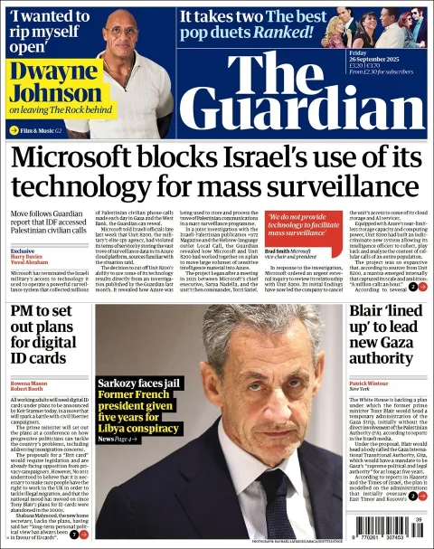 Portada de The Guardian (reino Unido) del viernes, 26 de septiembre de 2025