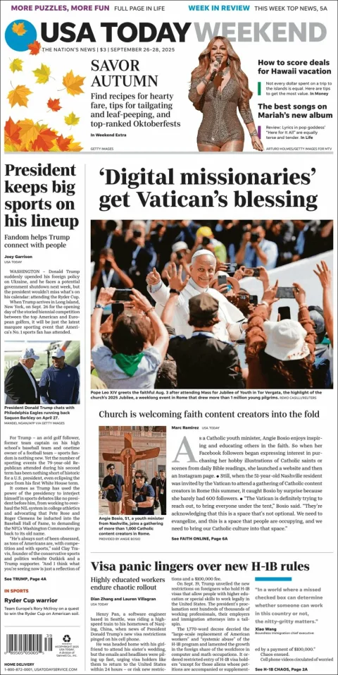 Portada de Usa Today del viernes, 26 de septiembre de 2025
