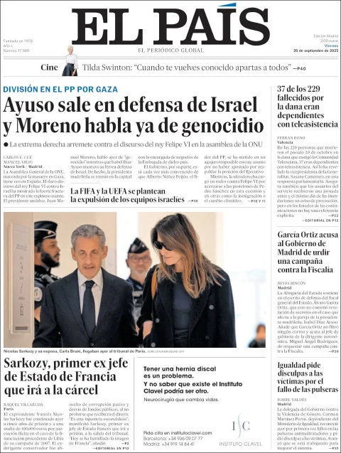 Portada de El Pais del viernes, 26 de septiembre de 2025