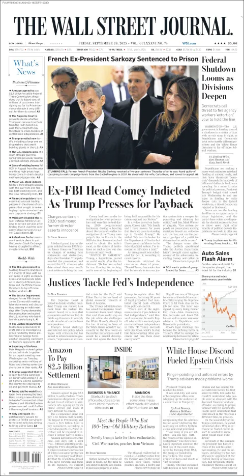 Portada de The Wall Street Journal del viernes, 26 de septiembre de 2025