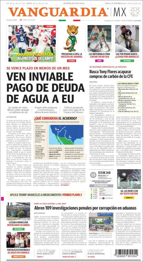 Portada de Vanguardia del viernes, 26 de septiembre de 2025