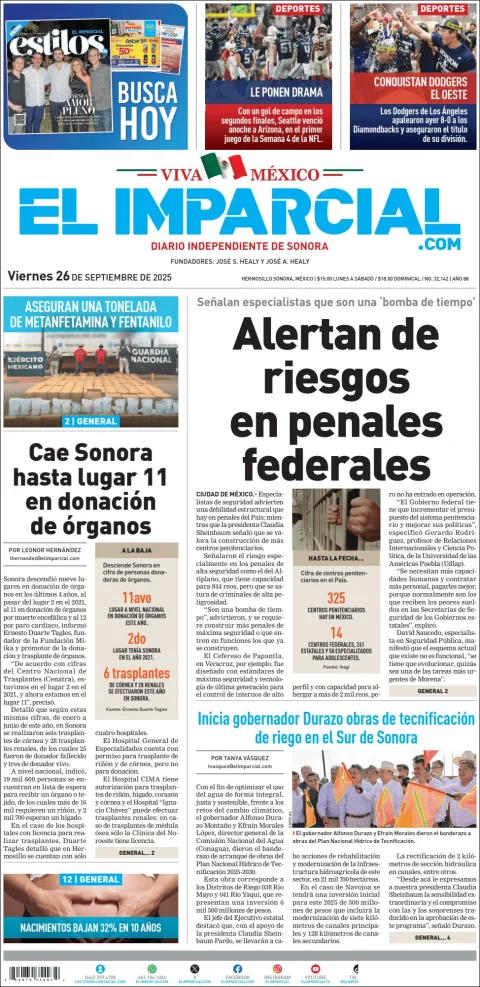 Portada de El Imparcial del viernes, 26 de septiembre de 2025