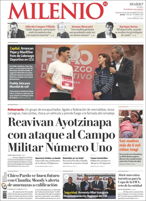 Portada de Milenio Puebla del viernes, 26 de septiembre de 2025