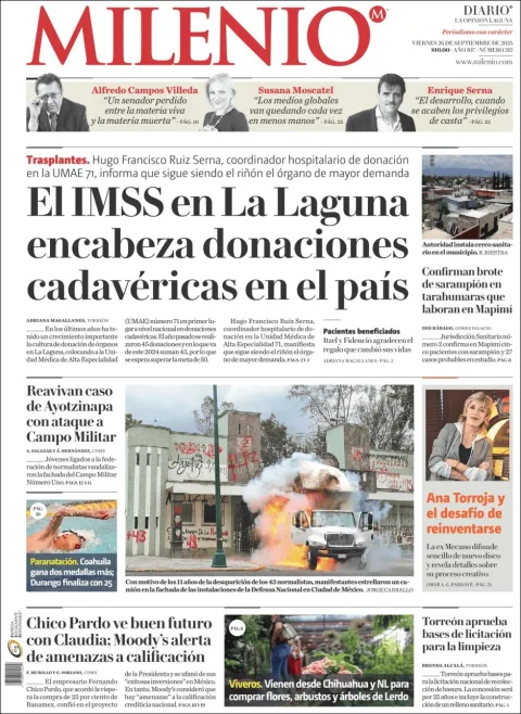 Portada de Milenio Laguna del viernes, 26 de septiembre de 2025