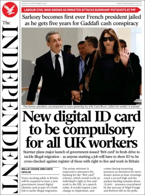 Portada de The Independent del viernes, 26 de septiembre de 2025