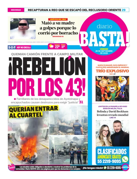 Portada de Basta! (contraportada ) del viernes, 26 de septiembre de 2025