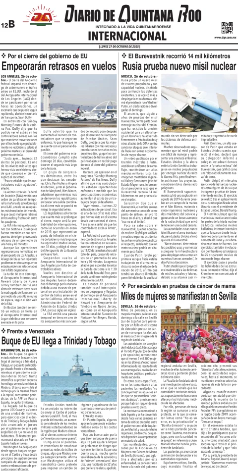 Portada de Diario de Quintana Roo (contra Portada) del lunes, 27 de octubre de 2025