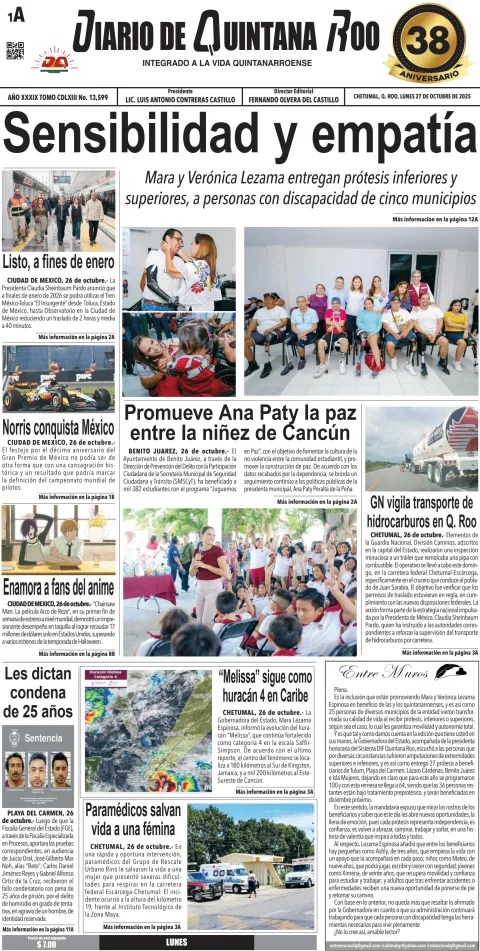 Portada de Diario de Quintana Roo (portada) del lunes, 27 de octubre de 2025
